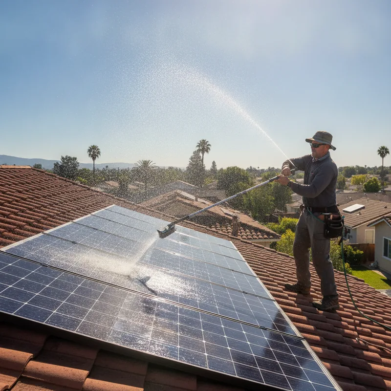 Pure-water solar panel cleaning with a water-fed pole in Silicon Valley
